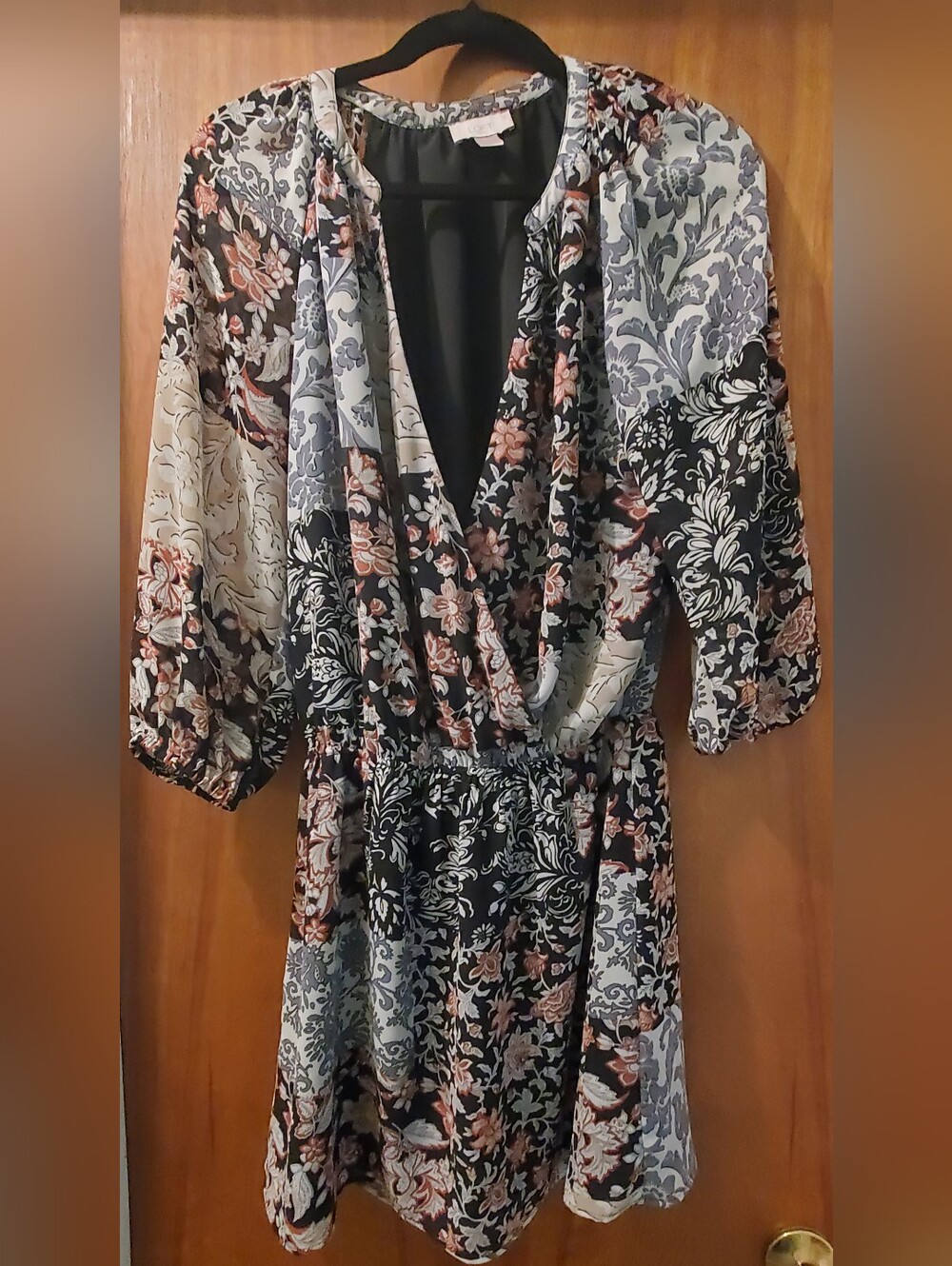 LOFT Black, Gray & Coral Floral Print Dress